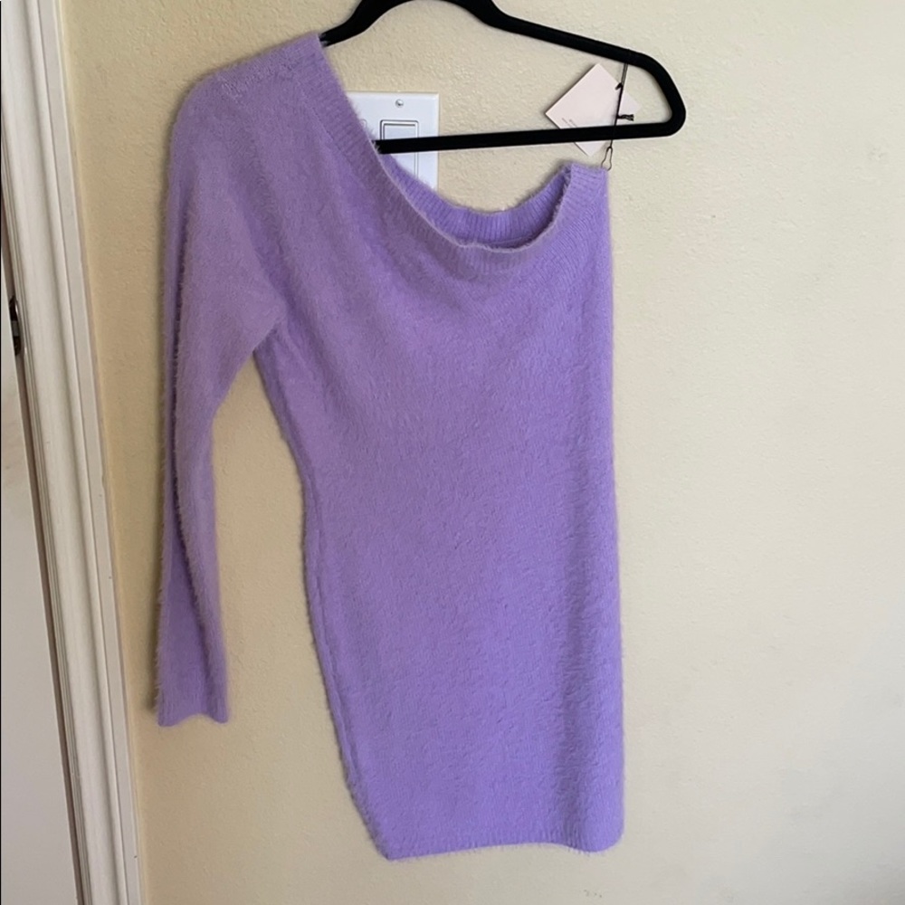 One shoulder mini purple fuzzy dress